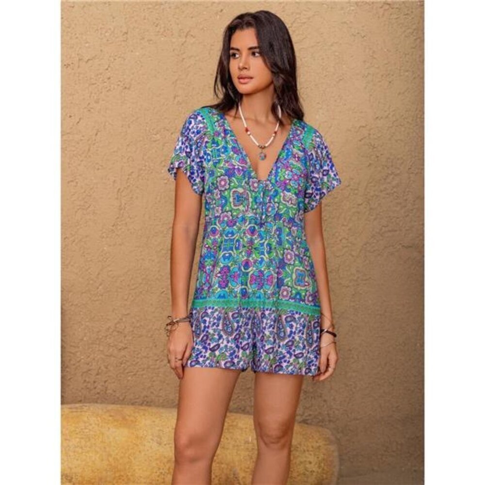 Printed Tie Front Short Sleeve Romper